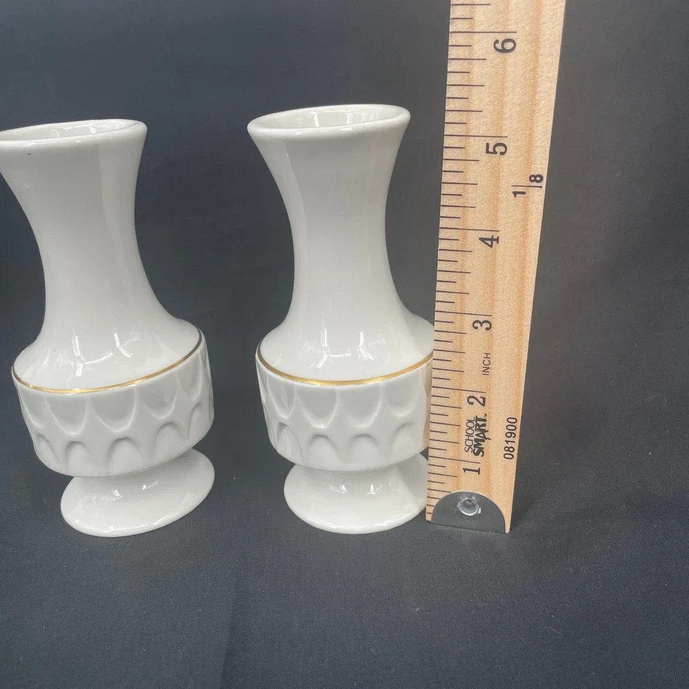 Vintage White Ceramic Bud Vases Gold Trim Scalloped Textured Mid Century 5.5